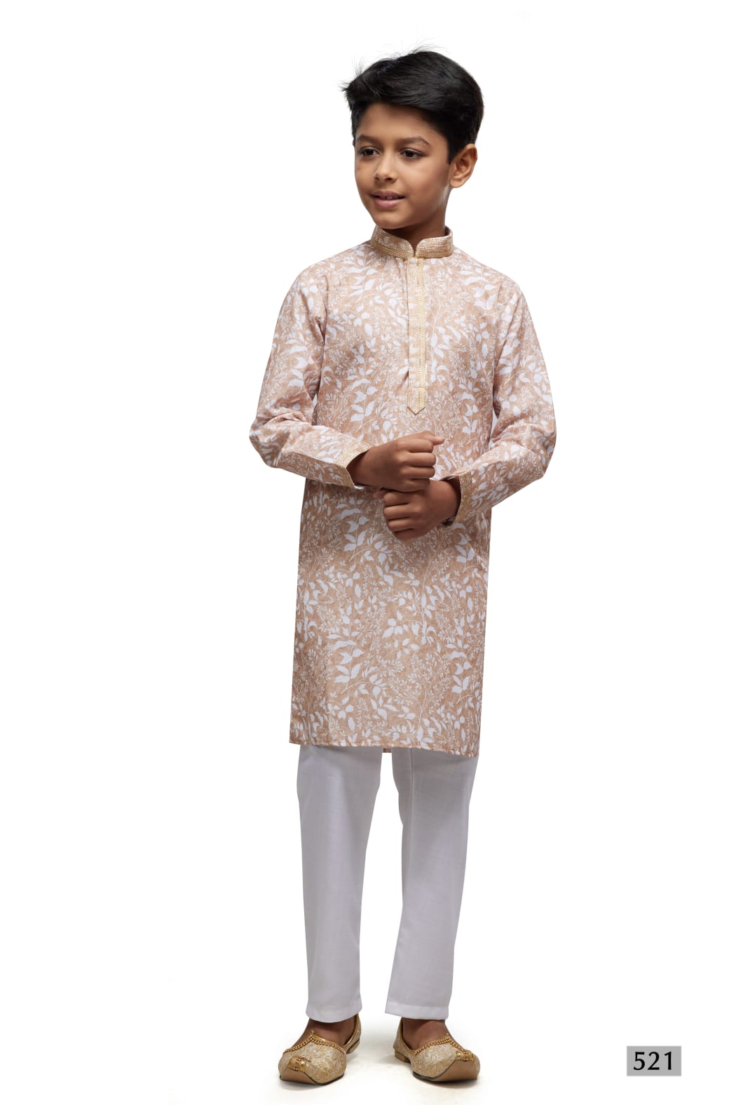 Beige Pure Soft Art Banarasi Silk Thread Work Boys Kurta Pajama 