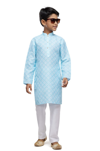 Blue Pure Soft Art Banarasi Silk Digital Print Boys Kurta Pajama