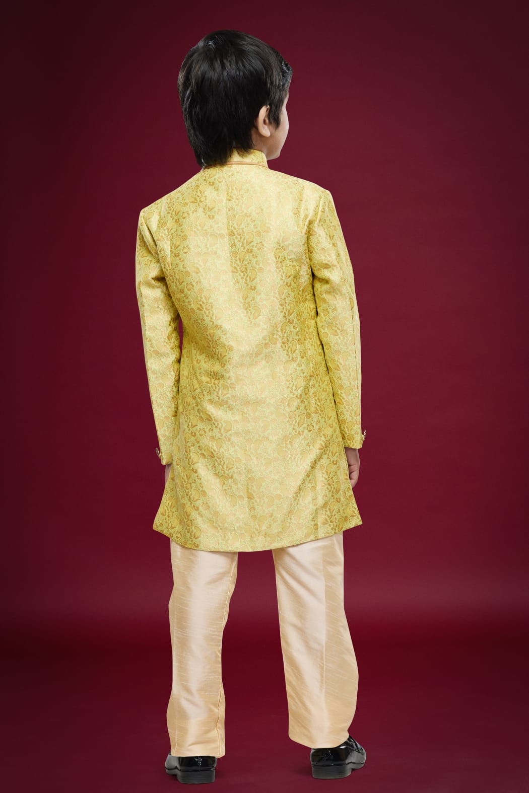 Yellow Pure Soft Banarasi Jequard Silk Boys Indowestern Sherwani 