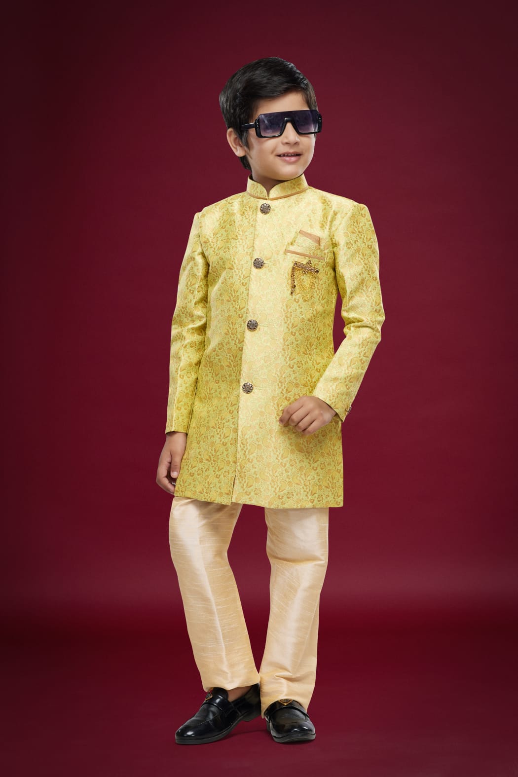 Yellow Pure Soft Banarasi Jequard Silk Boys Indowestern Sherwani 
