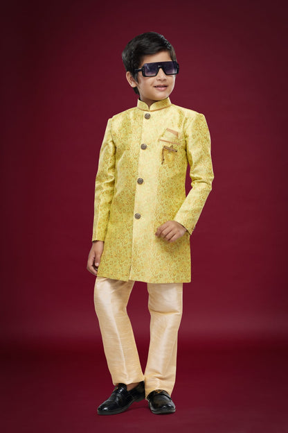 Yellow Pure Soft Banarasi Jequard Silk Boys Indowestern Sherwani 