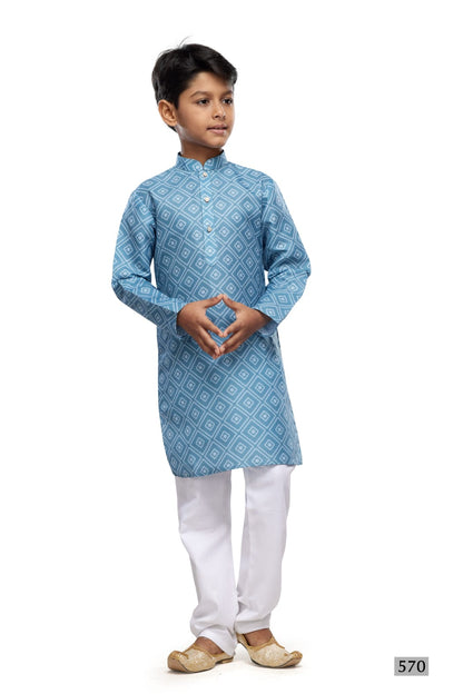 Blue Pure Soft Art Banarasi Silk Digital Print Boys Kurta Pajama