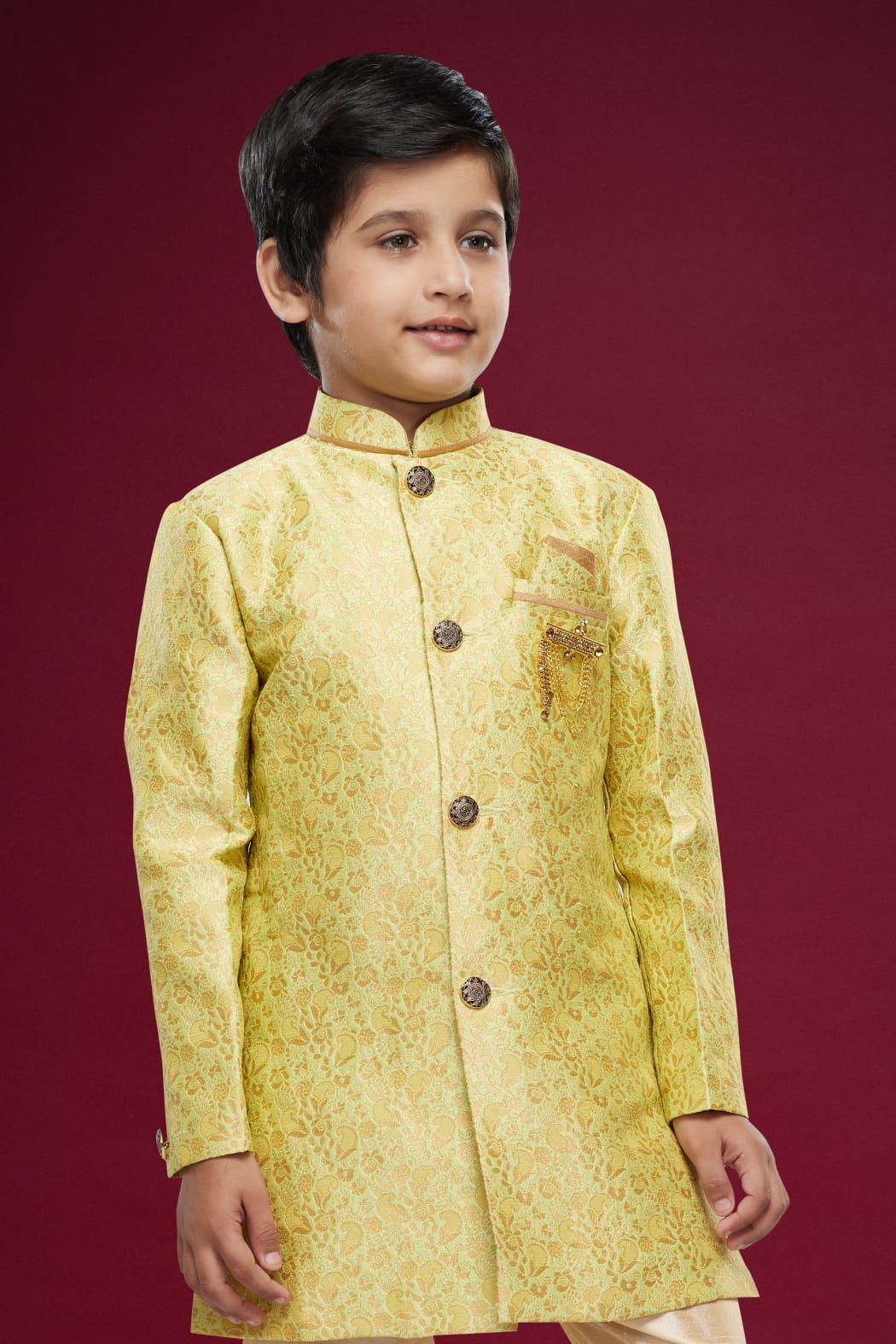 Yellow Pure Soft Banarasi Jequard Silk Boys Indowestern Sherwani 