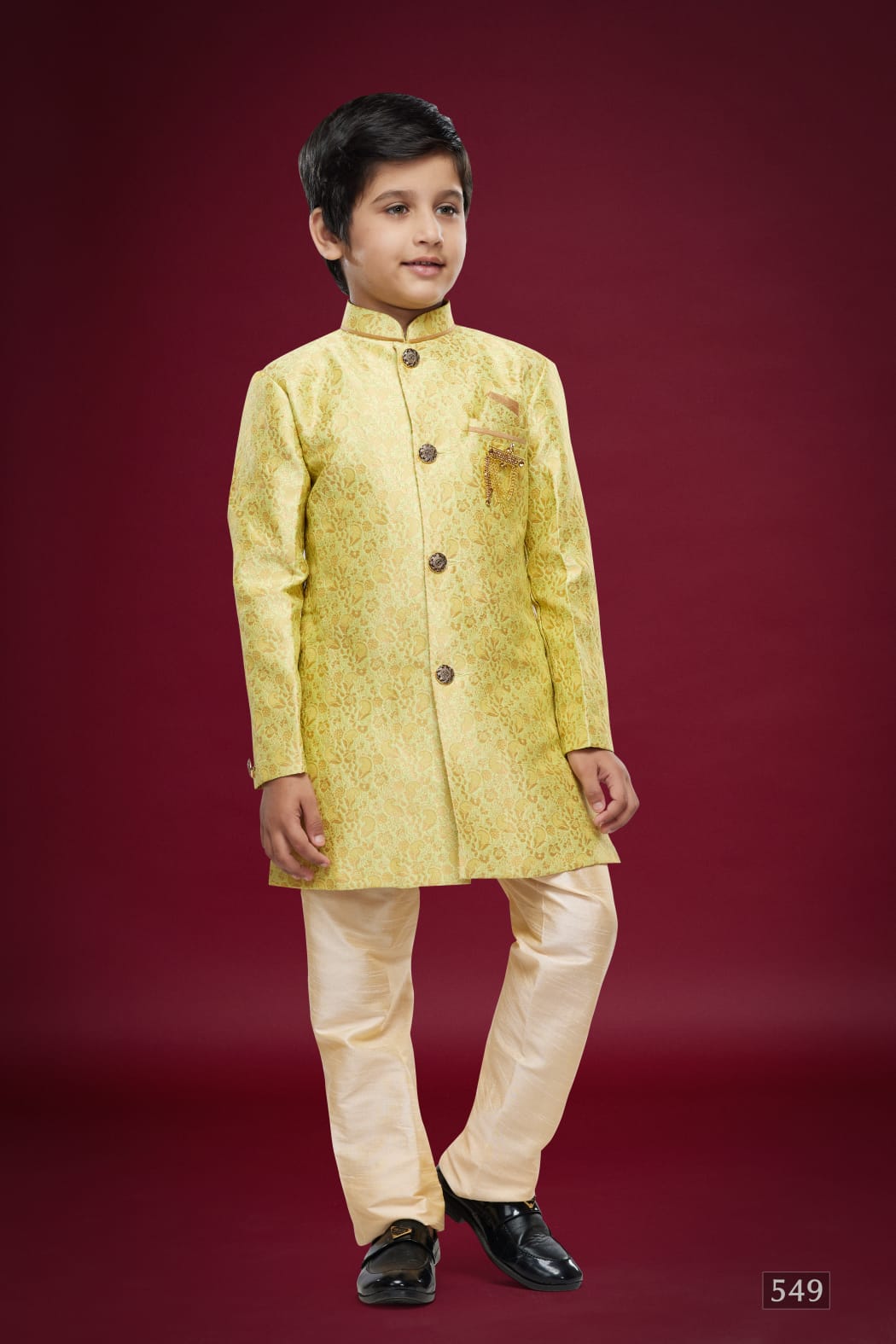 Yellow Pure Soft Banarasi Jequard Silk Boys Indowestern Sherwani 