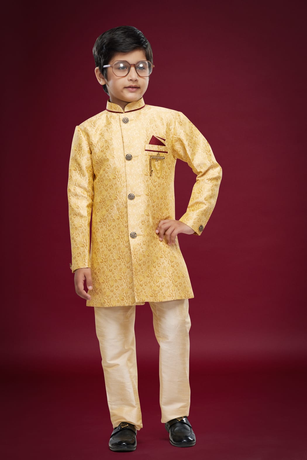 Golden Pure Soft Banarasi Jequard Silk Boys Indowestern Sherwani 