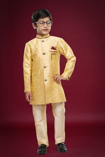 Golden Pure Soft Banarasi Jequard Silk Boys Indowestern Sherwani 