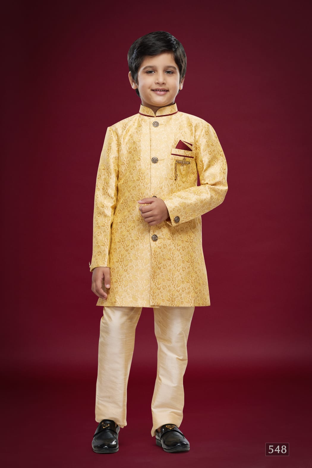 Golden Pure Soft Banarasi Jequard Silk Boys Indowestern Sherwani 
