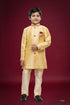 Golden Pure Soft Banarasi Jequard Silk Boys Indowestern Sherwani 