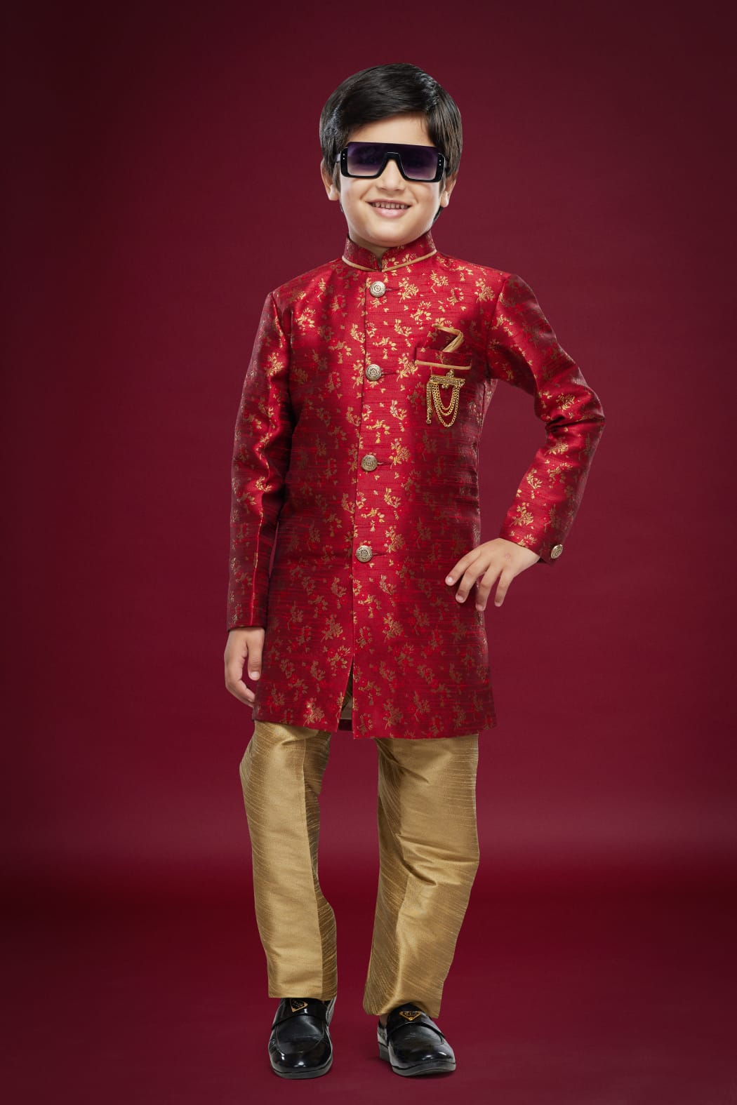 Maroon Green Pure Soft Banarasi Jequard Silk Boys Indowestern Sherwani 