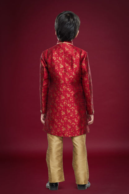 Maroon Green Pure Soft Banarasi Jequard Silk Boys Indowestern Sherwani 