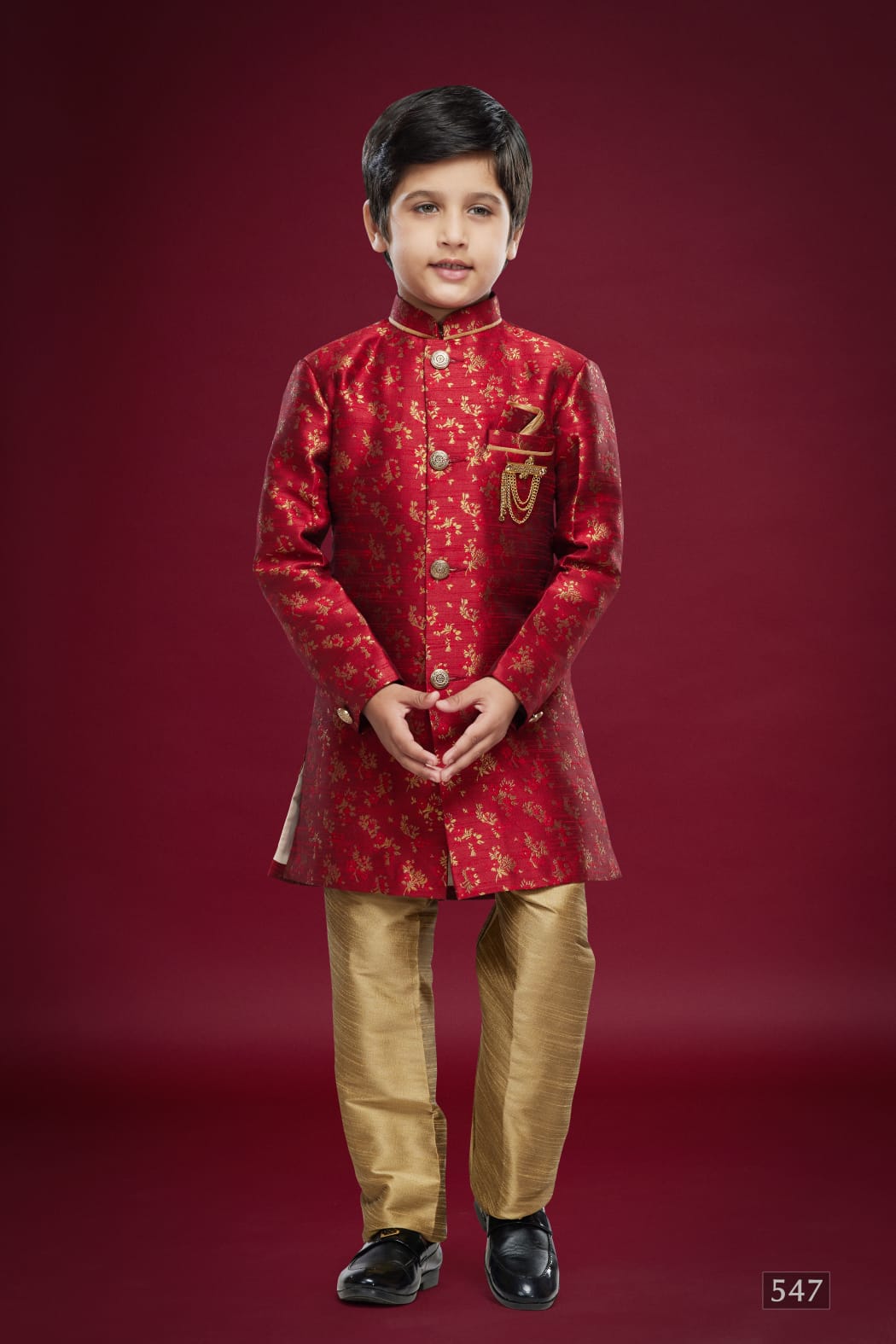 Maroon Green Pure Soft Banarasi Jequard Silk Boys Indowestern Sherwani 