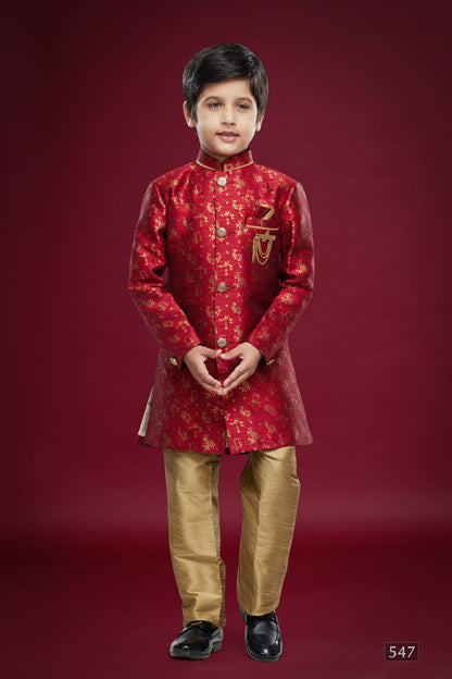Maroon Green Pure Soft Banarasi Jequard Silk Boys Indowestern Sherwani 