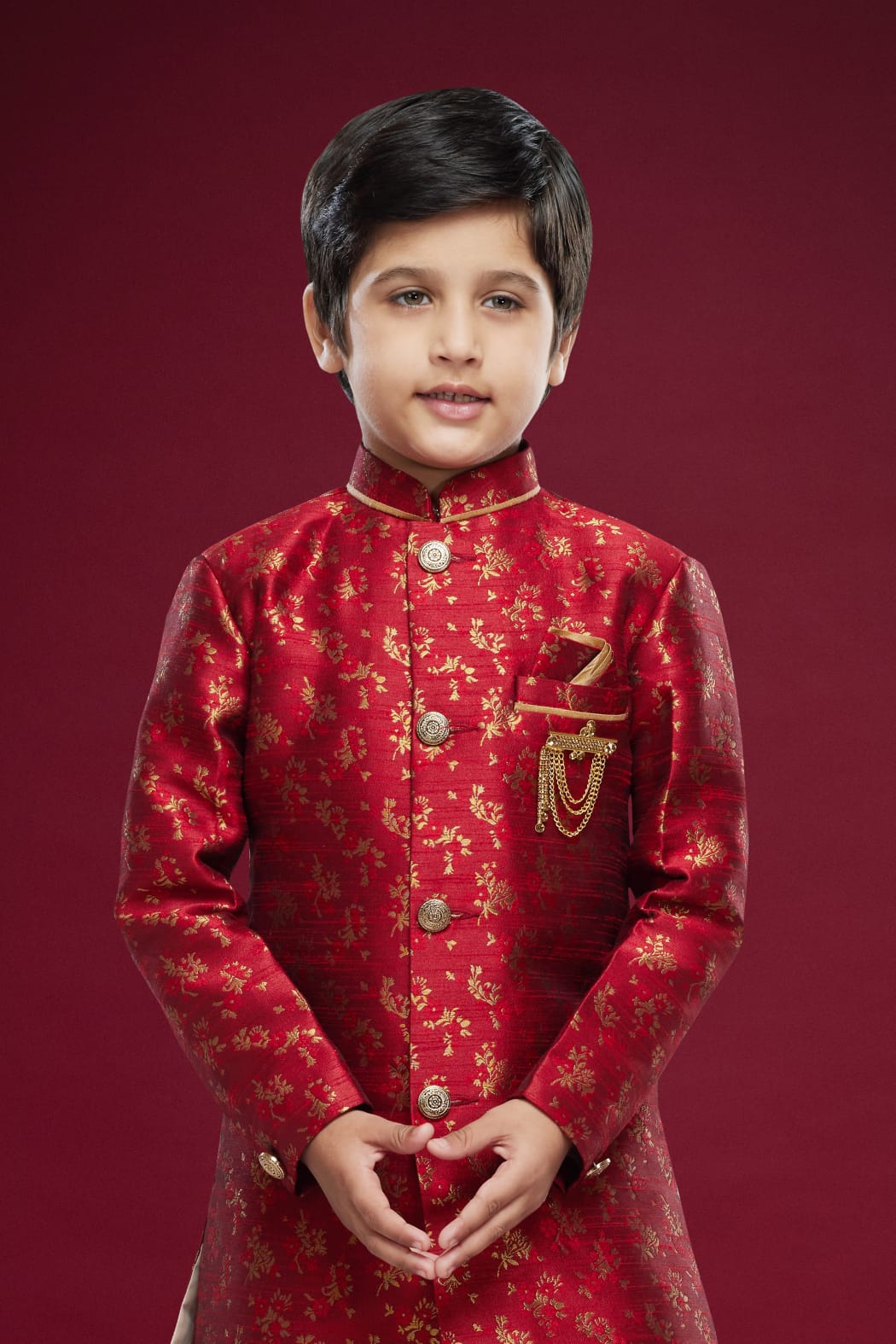 Maroon Green Pure Soft Banarasi Jequard Silk Boys Indowestern Sherwani 
