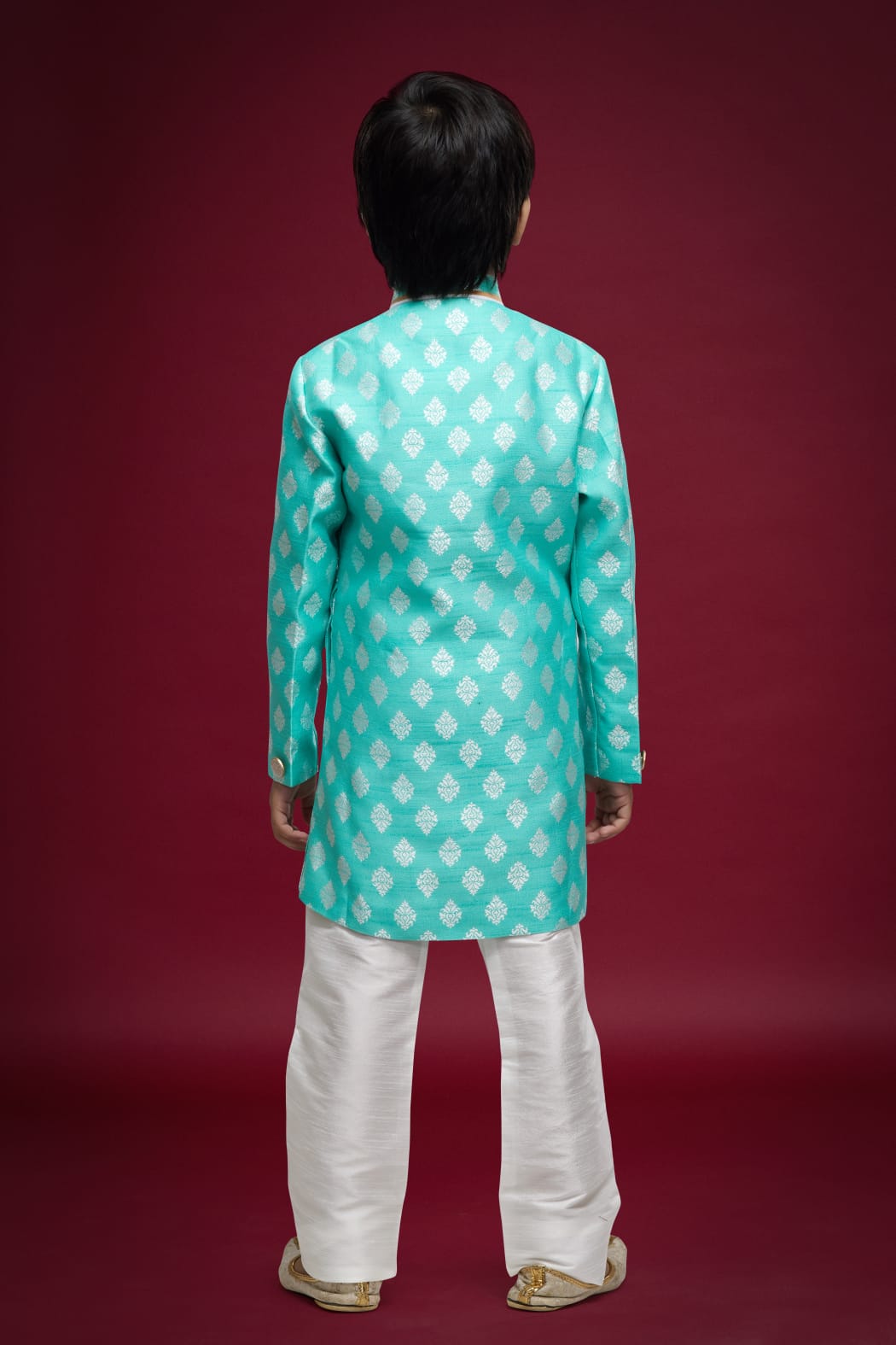 Sky Blue Pure Soft Banarasi Jequard Silk Boys Indowestern Sherwani 