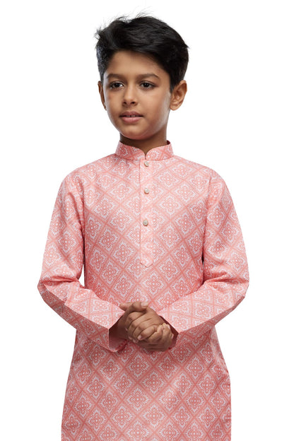 Peach Pure Soft Art Banarasi Silk Digital Print Boys Kurta Pajama