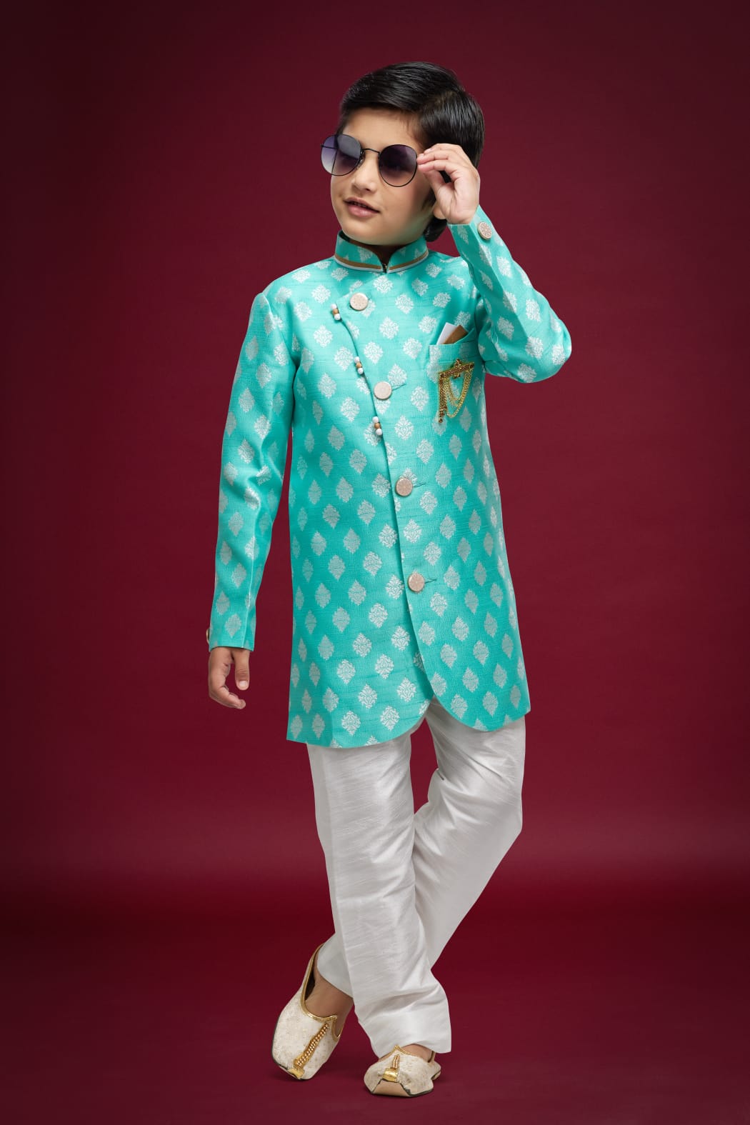 Sky Blue Pure Soft Banarasi Jequard Silk Boys Indowestern Sherwani 