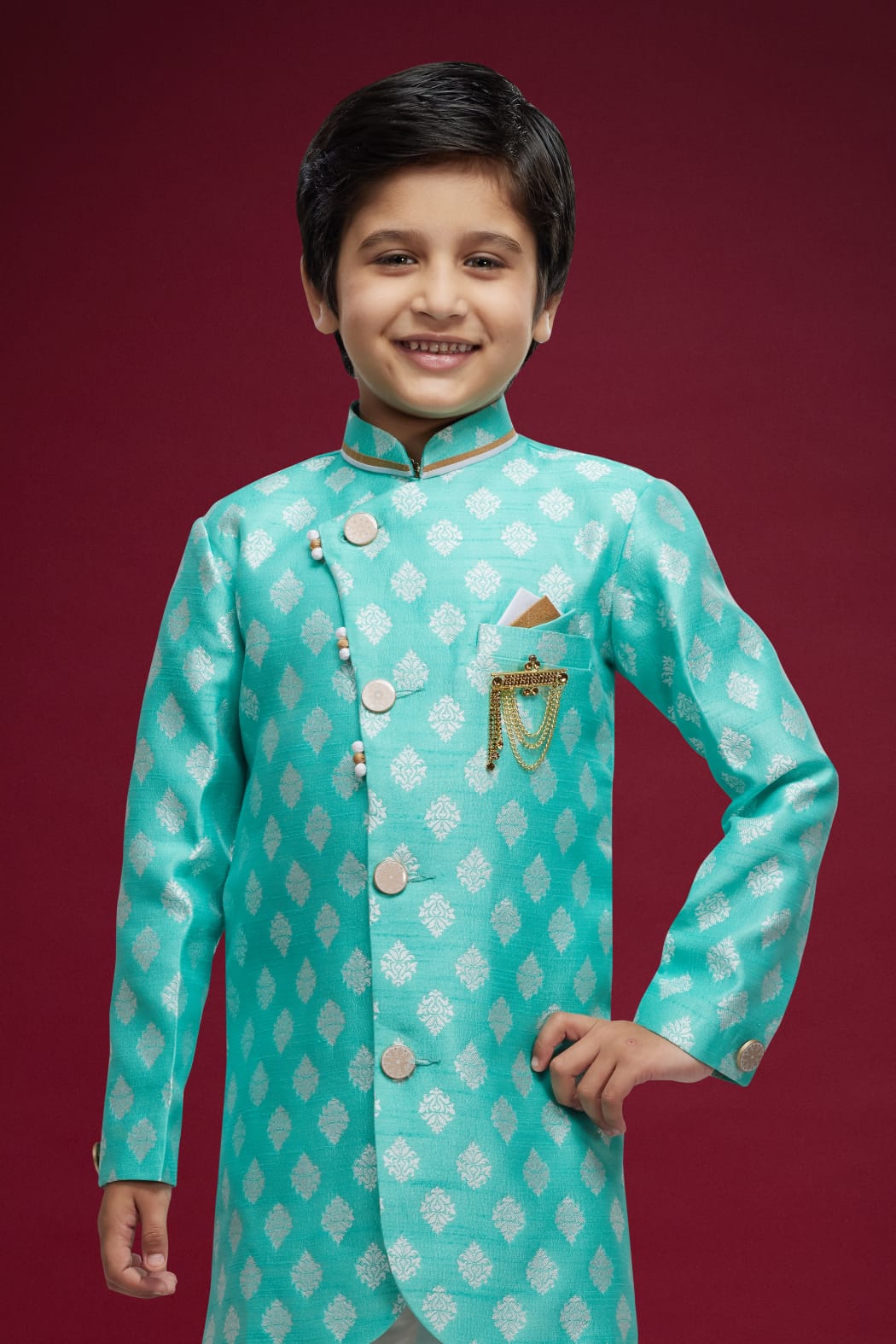 Sky Blue Pure Soft Banarasi Jequard Silk Boys Indowestern Sherwani 