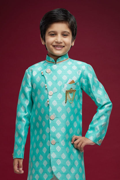 Sky Blue Pure Soft Banarasi Jequard Silk Boys Indowestern Sherwani 