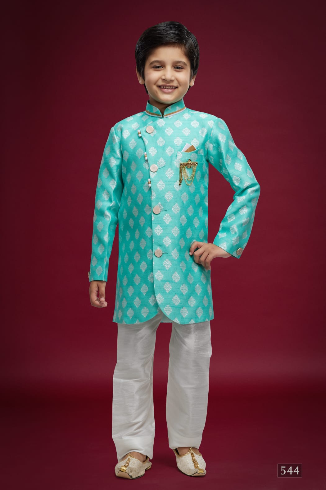 Sky Blue Pure Soft Banarasi Jequard Silk Boys Indowestern Sherwani 