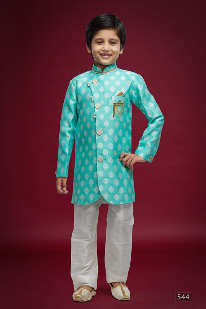 Sky Blue Pure Soft Banarasi Jequard Silk Boys Indowestern Sherwani 