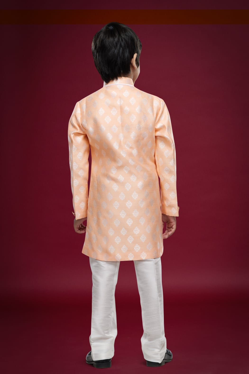Peach Green Pure Soft Banarasi Jequard Silk Boys Indowestern Sherwani 