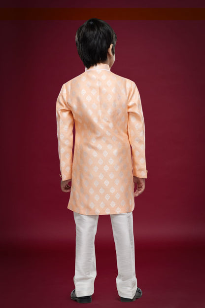Peach Green Pure Soft Banarasi Jequard Silk Boys Indowestern Sherwani 