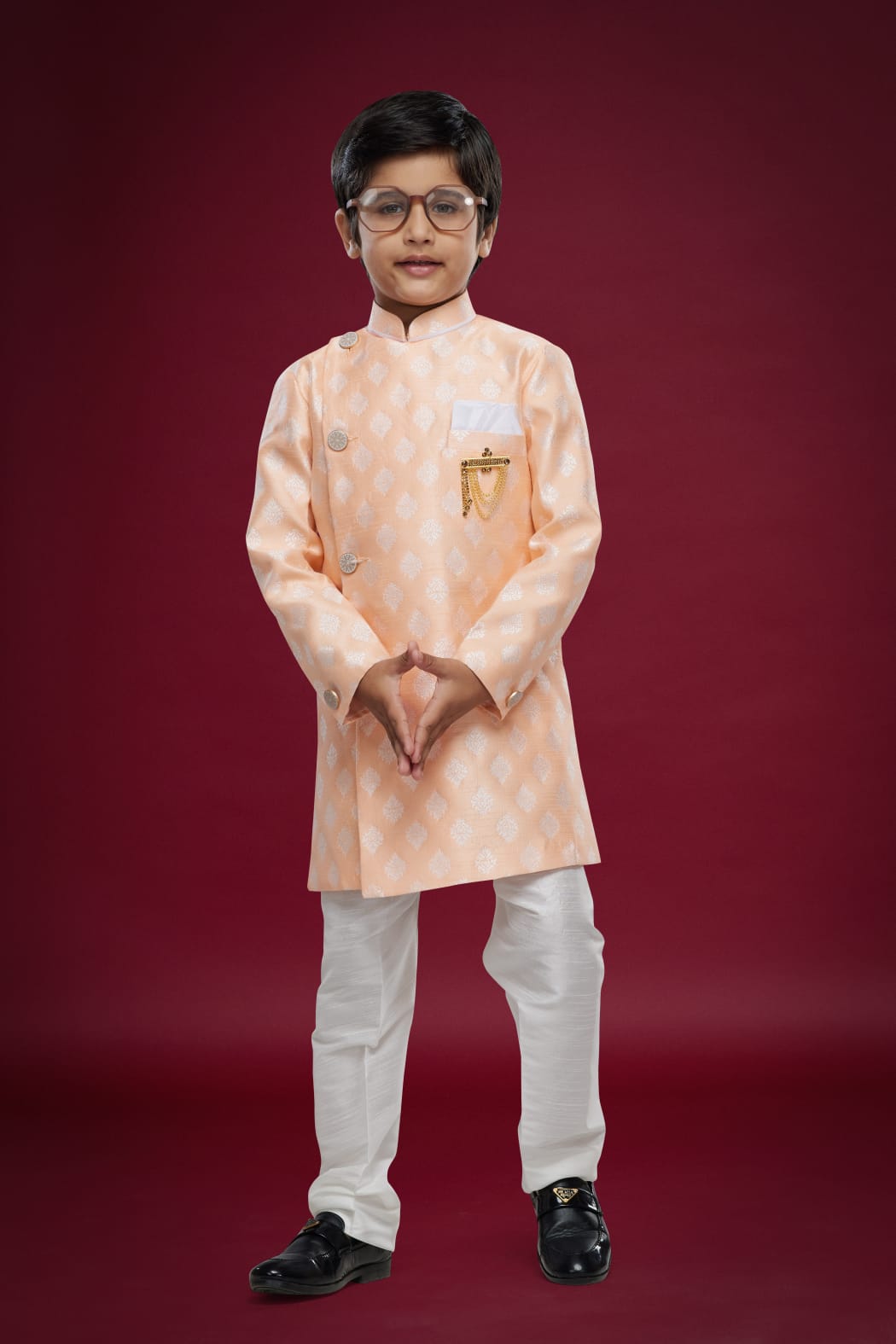 Peach Green Pure Soft Banarasi Jequard Silk Boys Indowestern Sherwani 