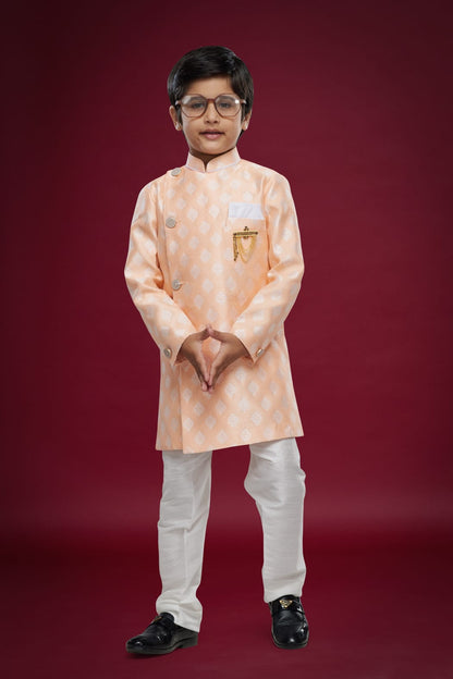 Peach Green Pure Soft Banarasi Jequard Silk Boys Indowestern Sherwani 