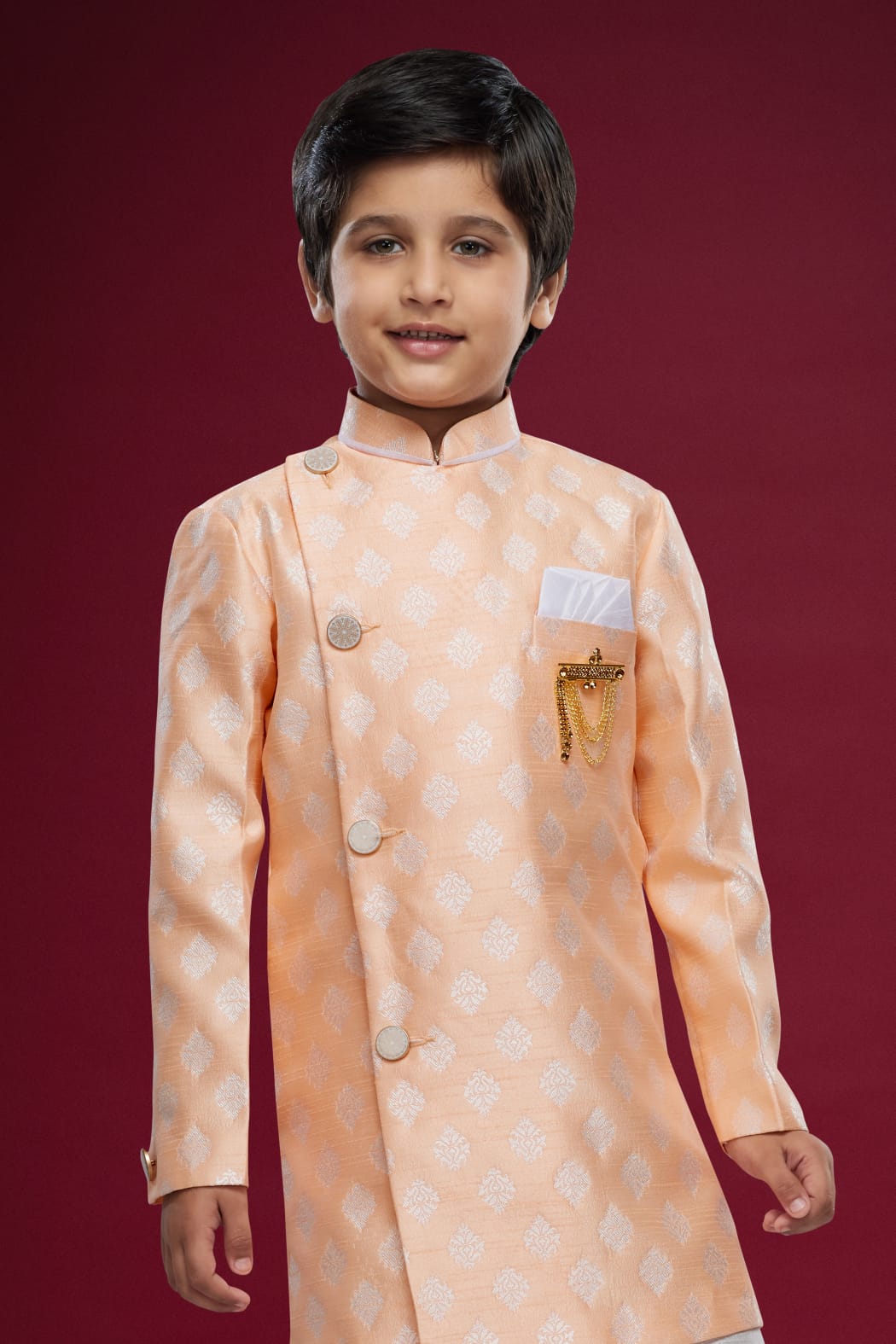 Peach Green Pure Soft Banarasi Jequard Silk Boys Indowestern Sherwani 