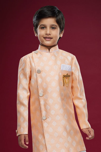 Peach Green Pure Soft Banarasi Jequard Silk Boys Indowestern Sherwani 