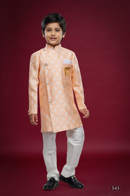 Peach Green Pure Soft Banarasi Jequard Silk Boys Indowestern Sherwani 