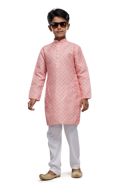 Peach Pure Soft Art Banarasi Silk Digital Print Boys Kurta Pajama