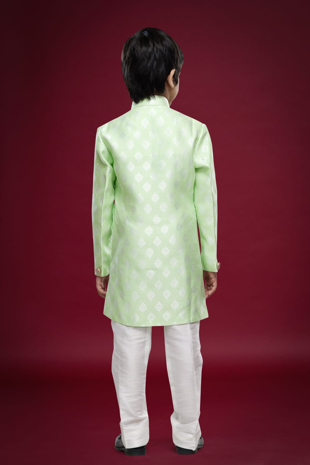 Pusta Green Pure Soft Banarasi Jequard Silk Boys Indowestern Sherwani 