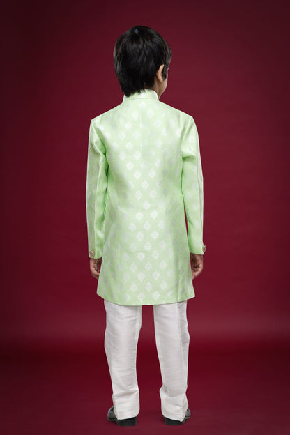 Pusta Green Pure Soft Banarasi Jequard Silk Boys Indowestern Sherwani 