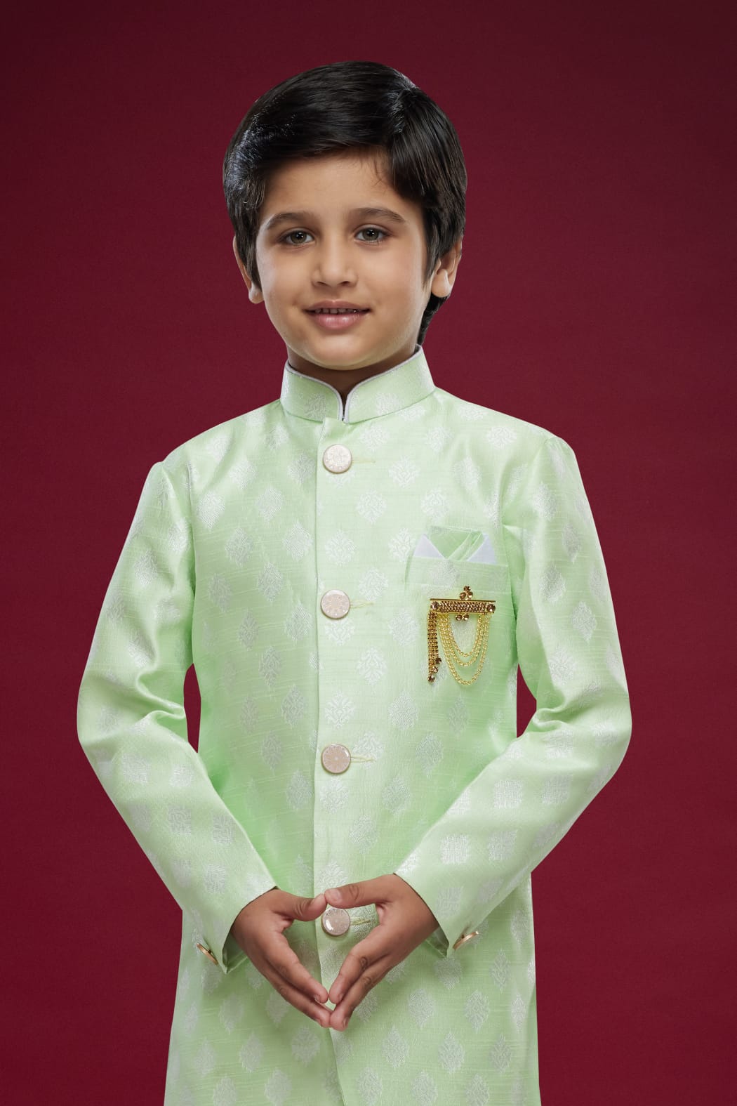 Pusta Green Pure Soft Banarasi Jequard Silk Boys Indowestern Sherwani 