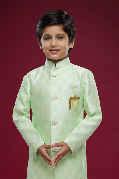 Pusta Green Pure Soft Banarasi Jequard Silk Boys Indowestern Sherwani 