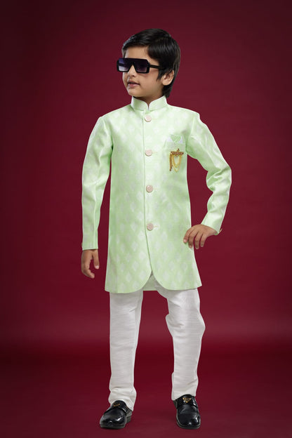 Pusta Green Pure Soft Banarasi Jequard Silk Boys Indowestern Sherwani 