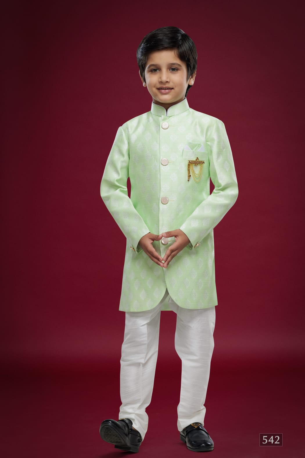 Pusta Green Pure Soft Banarasi Jequard Silk Boys Indowestern Sherwani 