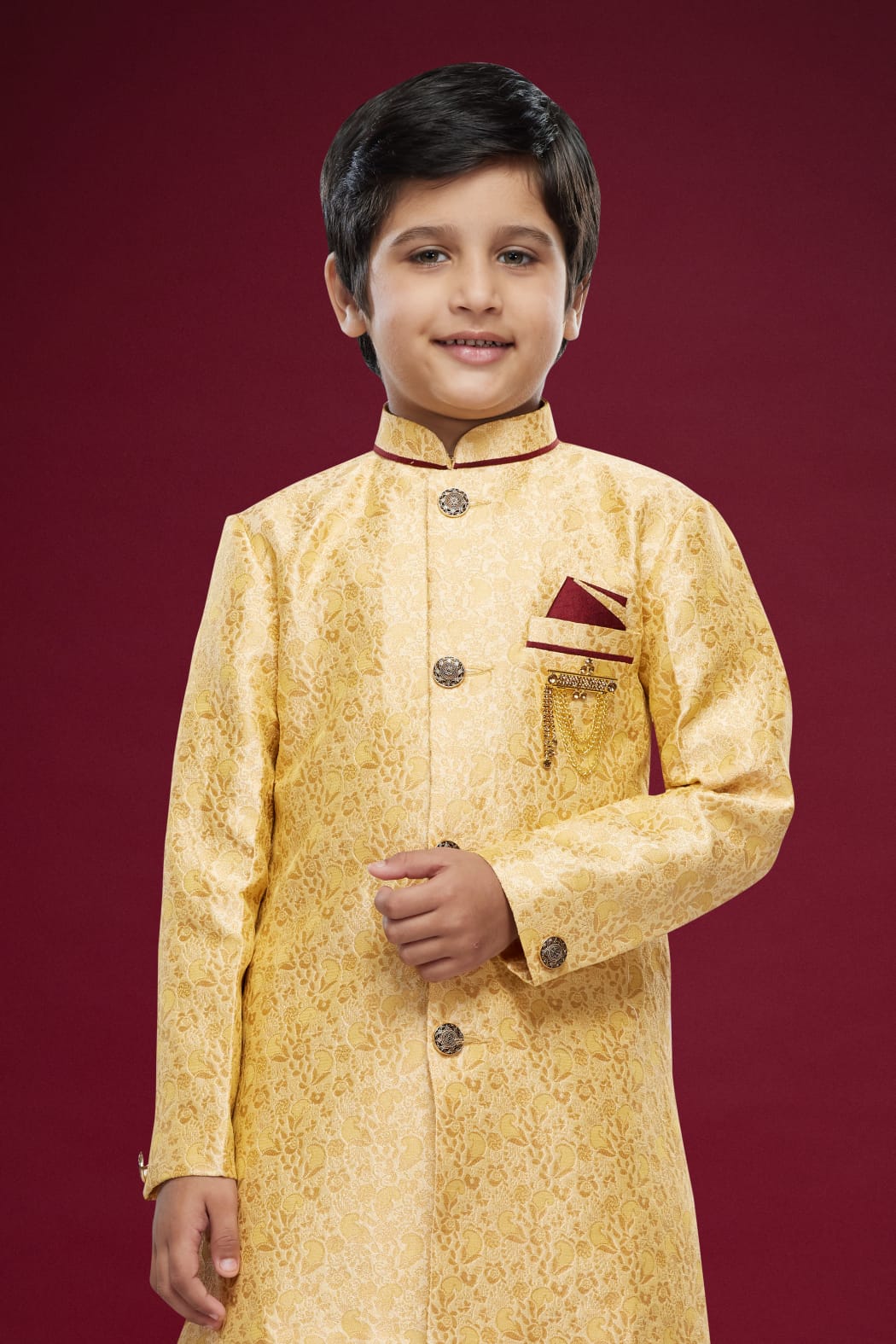 Golden Pure Soft Banarasi Jequard Silk Boys Indowestern Sherwani 
