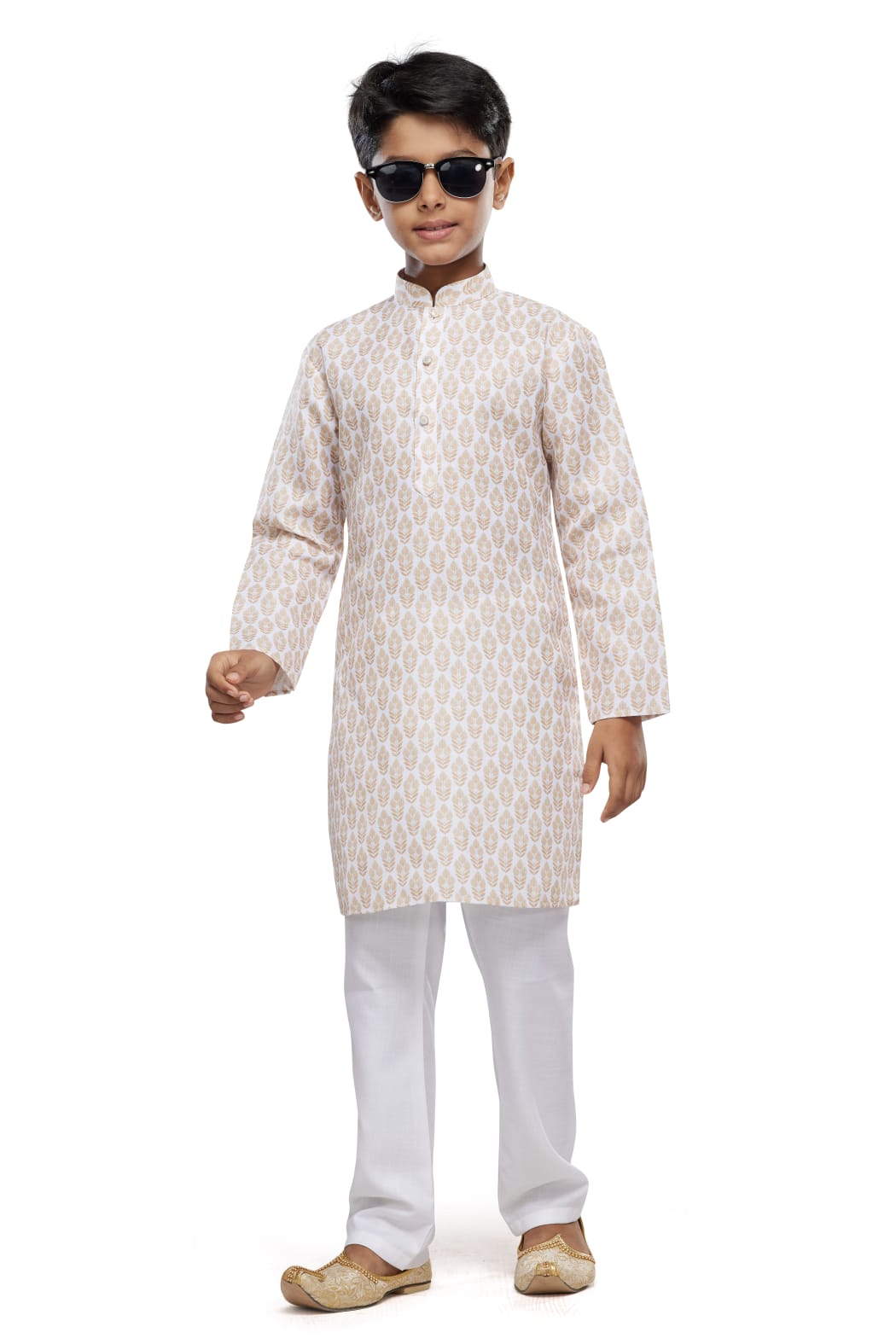 Beige Pure Soft Art Banarasi Silk Digital Print Boys Kurta Pajama