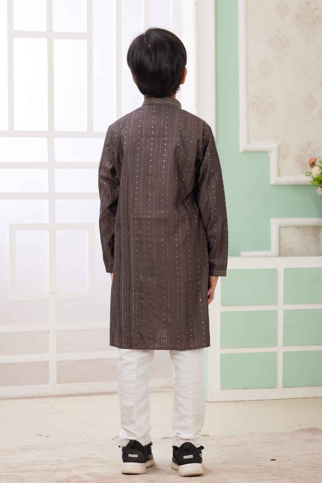 Brown Pure Soft Art Banarasi Silk Embroidery Thread Work Boys Kurta Pajama