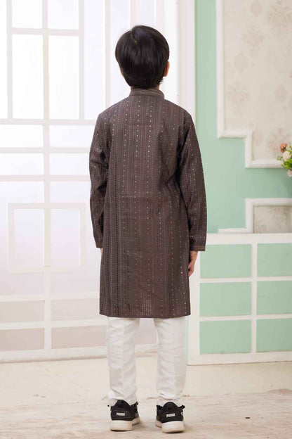 Brown Pure Soft Art Banarasi Silk Embroidery Thread Work Boys Kurta Pajama