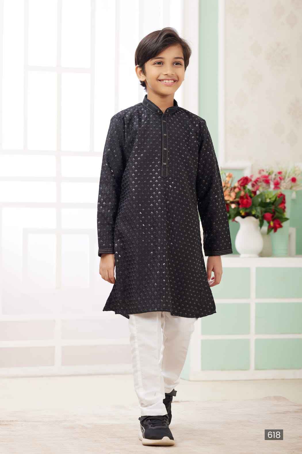 Black Pure Soft Art Banarasi Silk Embroidery Thread Work Boys Kurta Pajama
