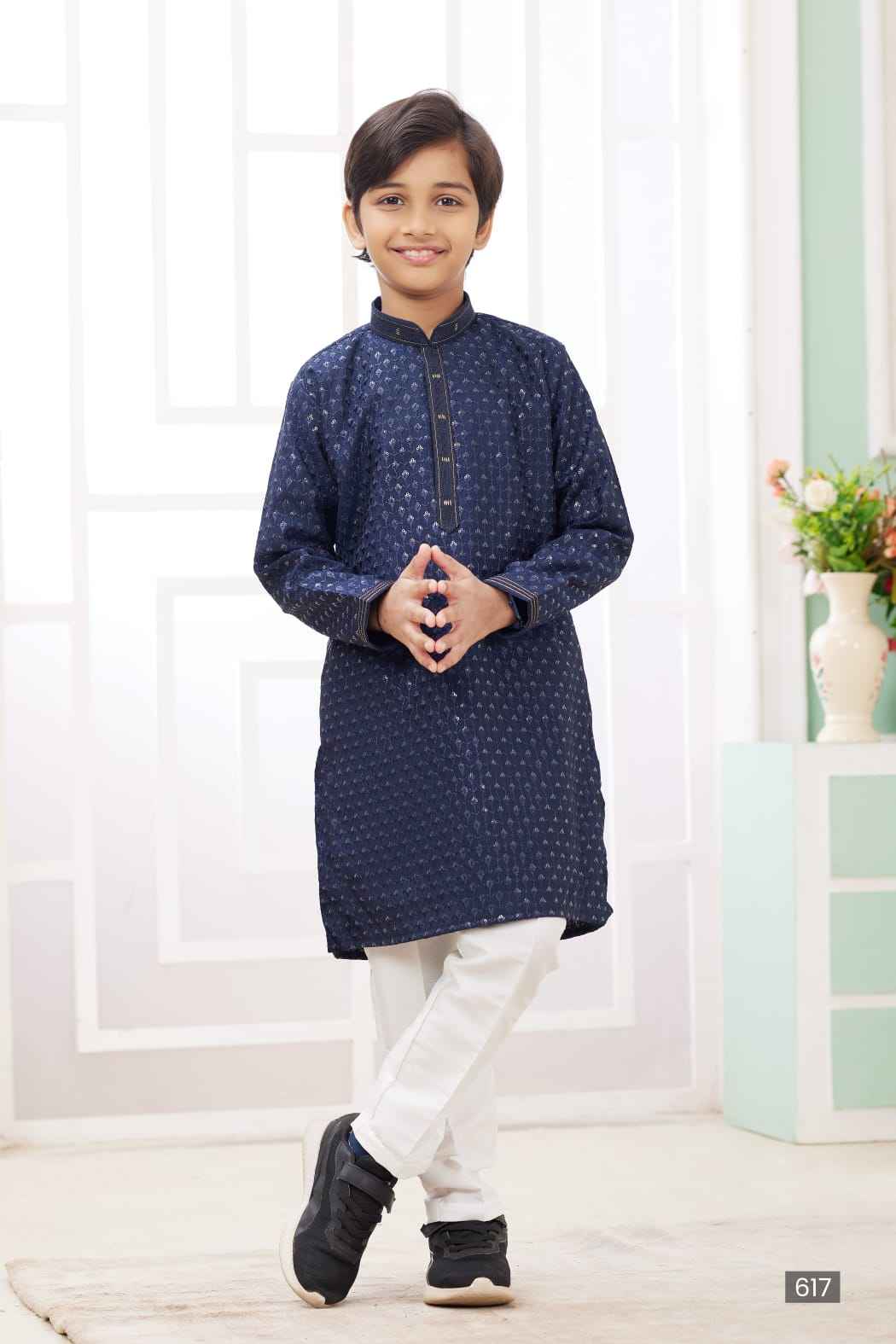 Blue Pure Soft Art Banarasi Silk Embroidery Thread Work Boys Kurta Pajama