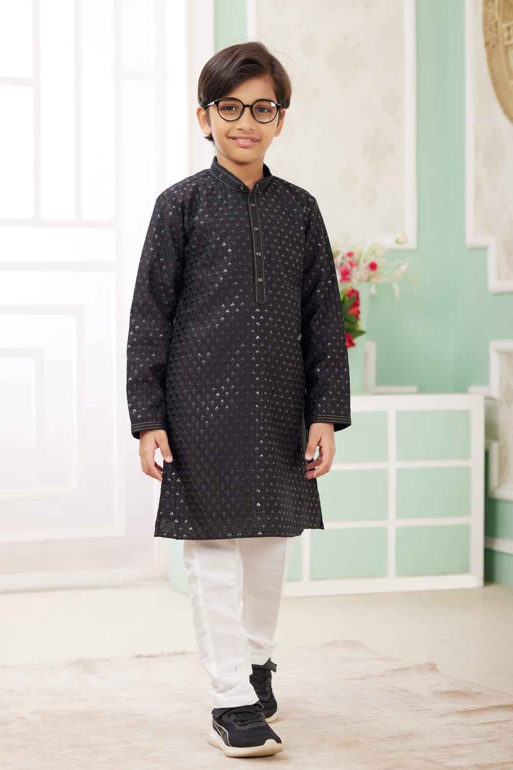 Black Pure Soft Art Banarasi Silk Embroidery Thread Work Boys Kurta Pajama