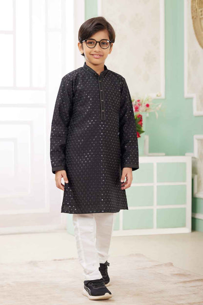Black Pure Soft Art Banarasi Silk Embroidery Thread Work Boys Kurta Pajama