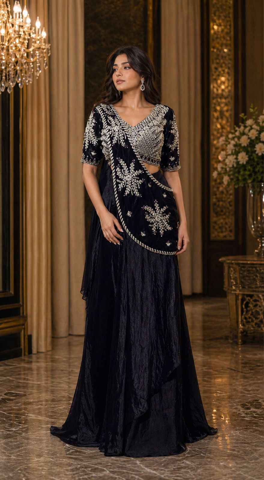 Navy Blue Pure Imported Fendi Silk Ready to Wear Saree