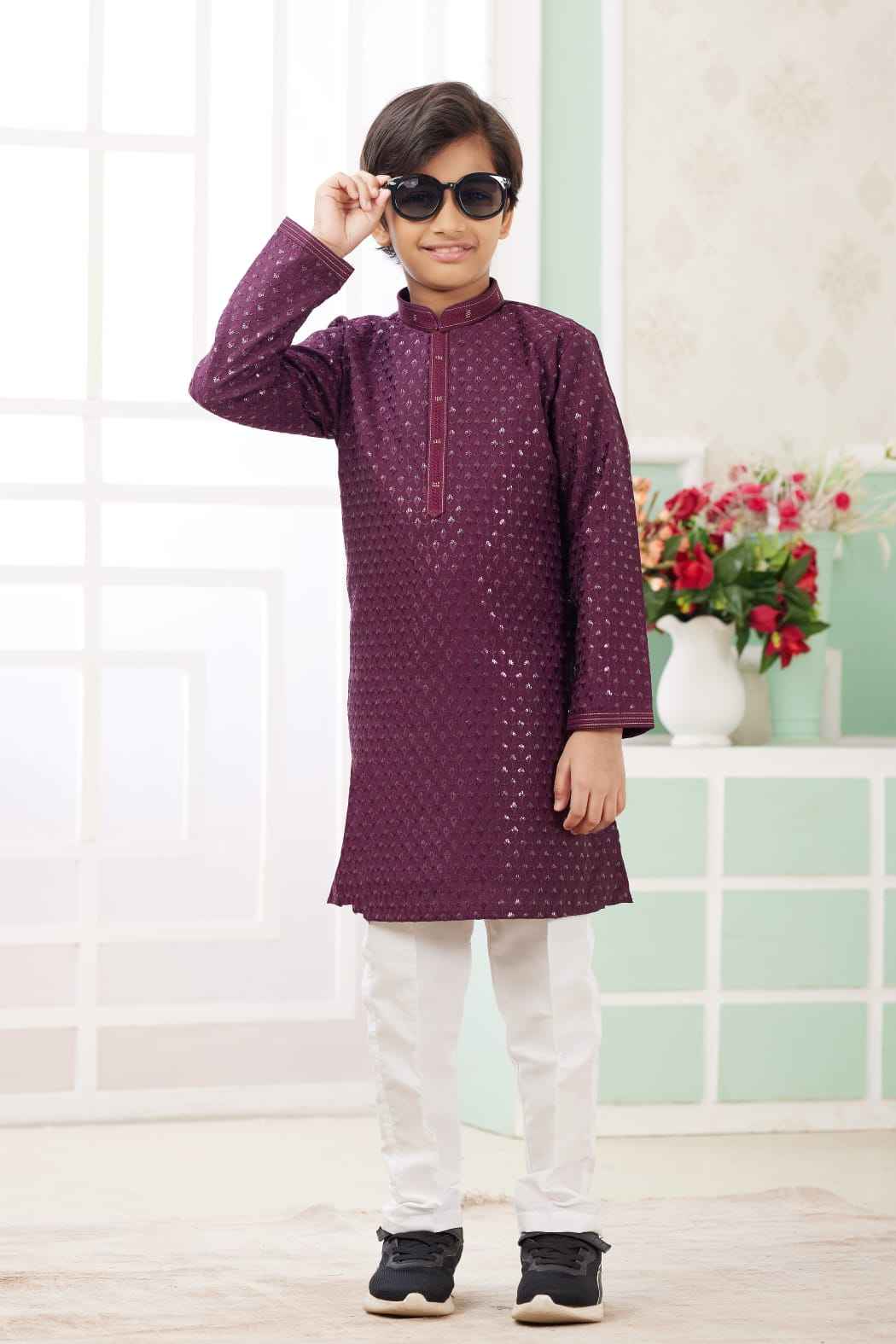 Wine Pure Soft Art Banarasi Silk Embroidery Thread Work Boys Kurta Pajama