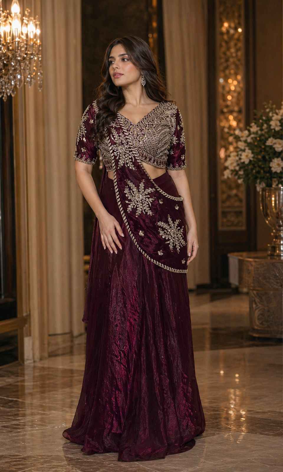 Wine Pure Imported Fendi Silk Ready to Wear Saree