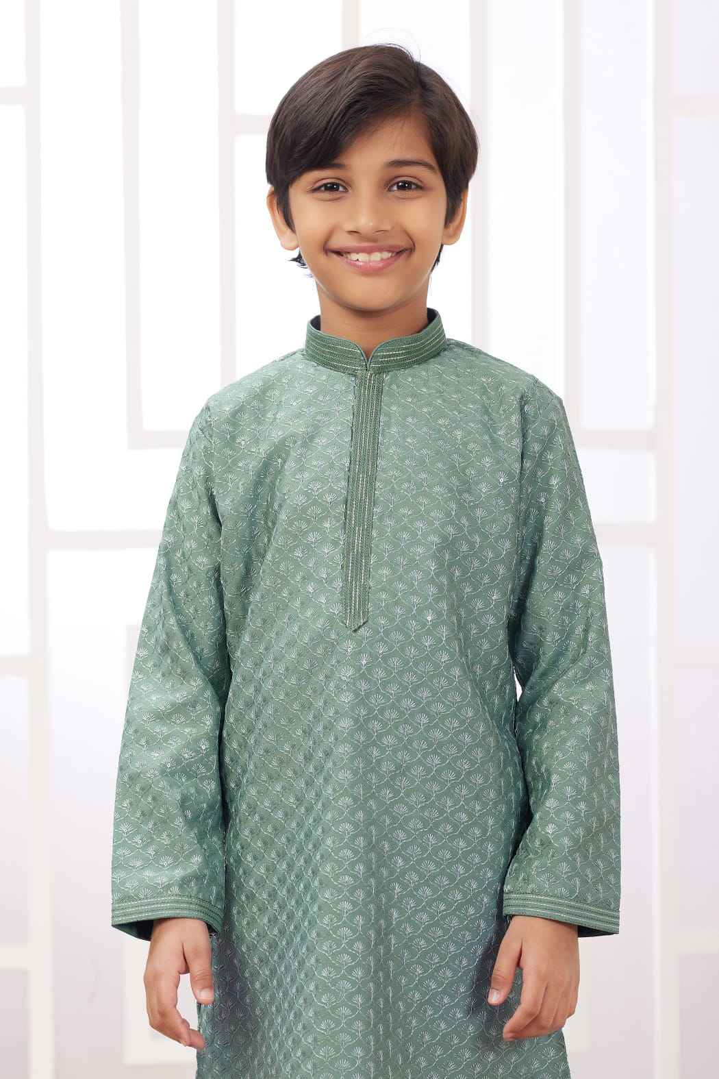 Green Pure Soft Art Banarasi Silk Embroidery Thread Work Boys Kurta Pajama